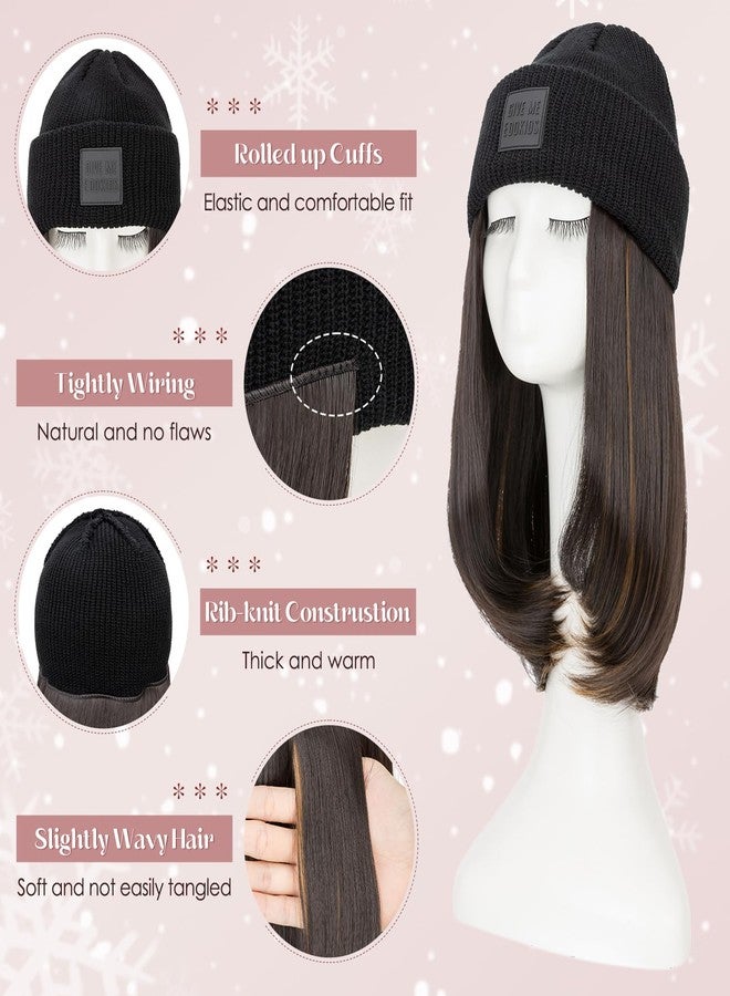 S-noilite Beanie Wig Hat with Hair Attached for Women Knitted Beanie Wig Winter Warm Hat Hair Extentions with 11" Straight Hair Synthetic Hairpiece for Women Girls(18",#4P27 Brown Highlighted) - Image 3